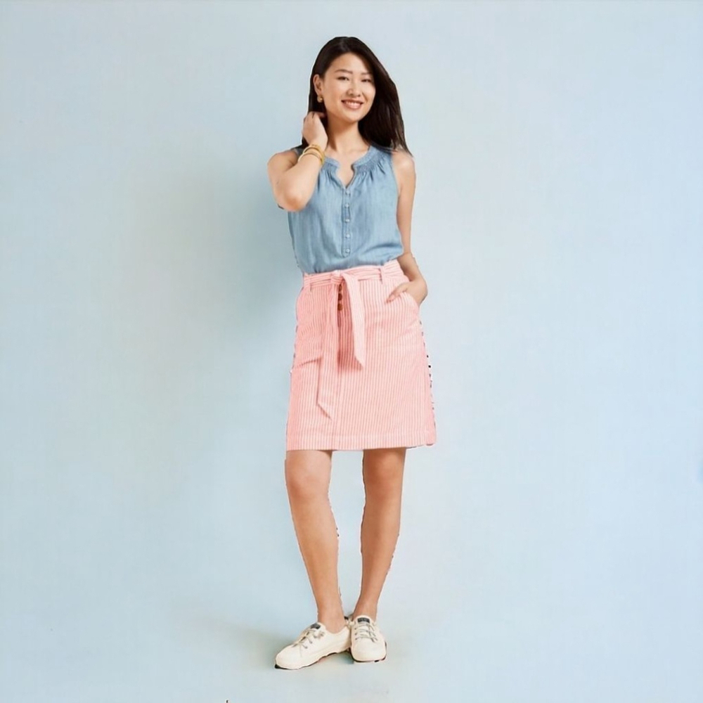 Talbots Linen Cotton Striped Full Belted Lined Skirt Coastal Summer Classic 10